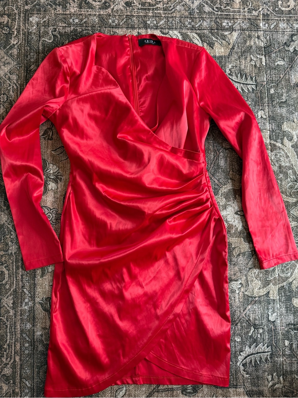 AKIRA Crimson Satin Ruched Wrap Long Sleeve Dress